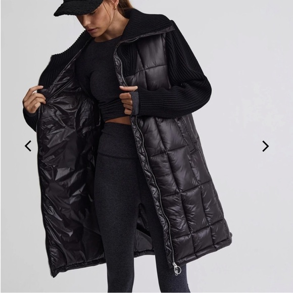 Varley Mayten Knit Puffer Jacket Black Mock Neck Zipper Ribbed Long Coat Medium - Picture 5 of 16